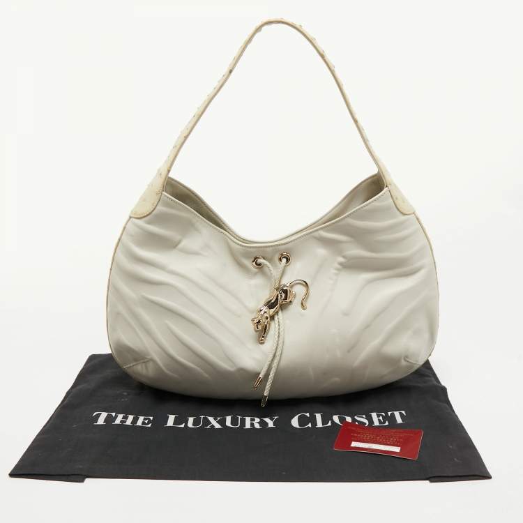 Pre Owned Cartier Off White Leather and Ostrich Panthere Hobo 