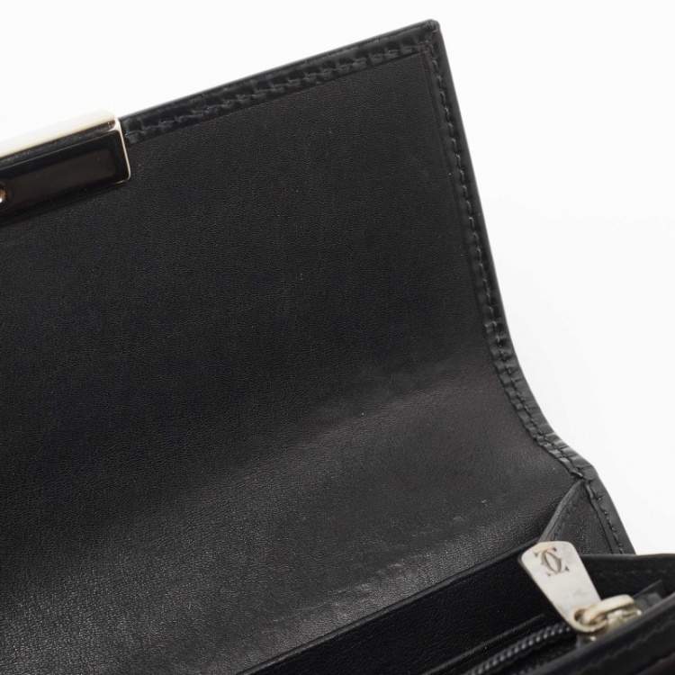 Pre Owned Cartier Black Glossy Leather Metal Flap Continental Wallet