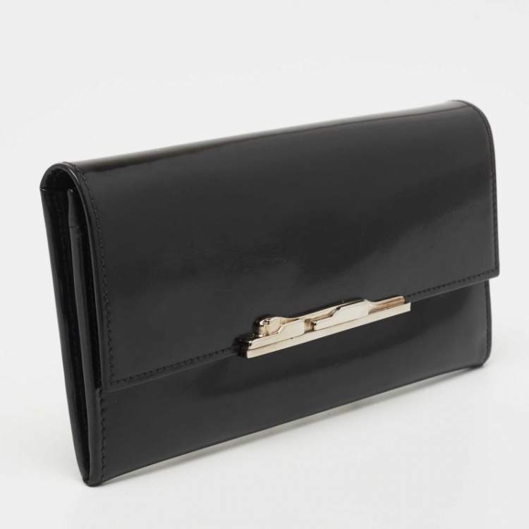 Pre Owned Cartier Black Glossy Leather Metal Flap Continental Wallet
