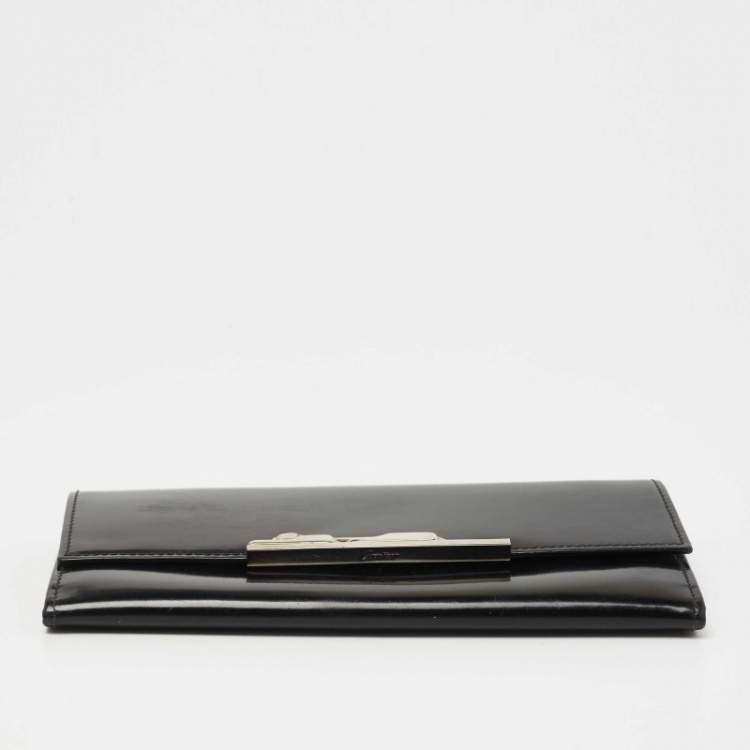 Pre Owned Cartier Black Glossy Leather Metal Flap Continental Wallet