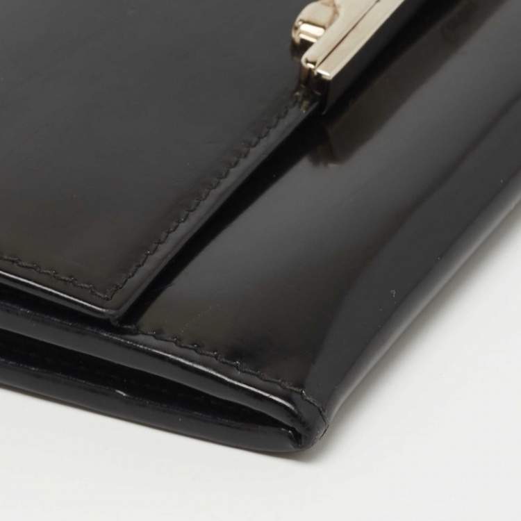 Pre Owned Cartier Black Glossy Leather Metal Flap Continental Wallet