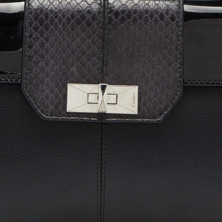 Pre Owned Cartier Black Leather and Python Classic Feminine Line Top Handle Bag