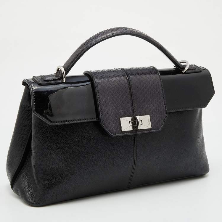 Pre Owned Cartier Black Leather and Python Classic Feminine Line Top Handle Bag