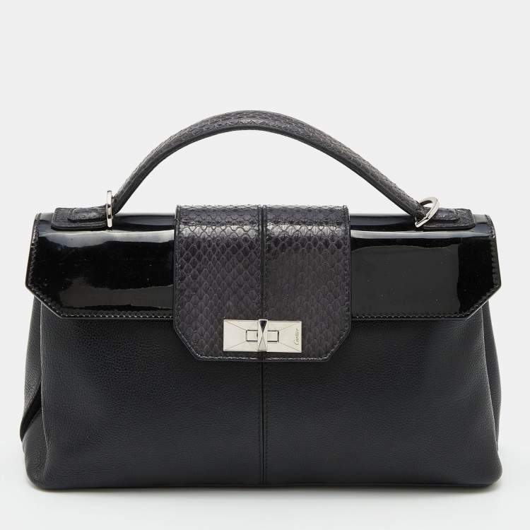 Pre Owned Cartier Black Leather and Python Classic Feminine Line Top Handle Bag