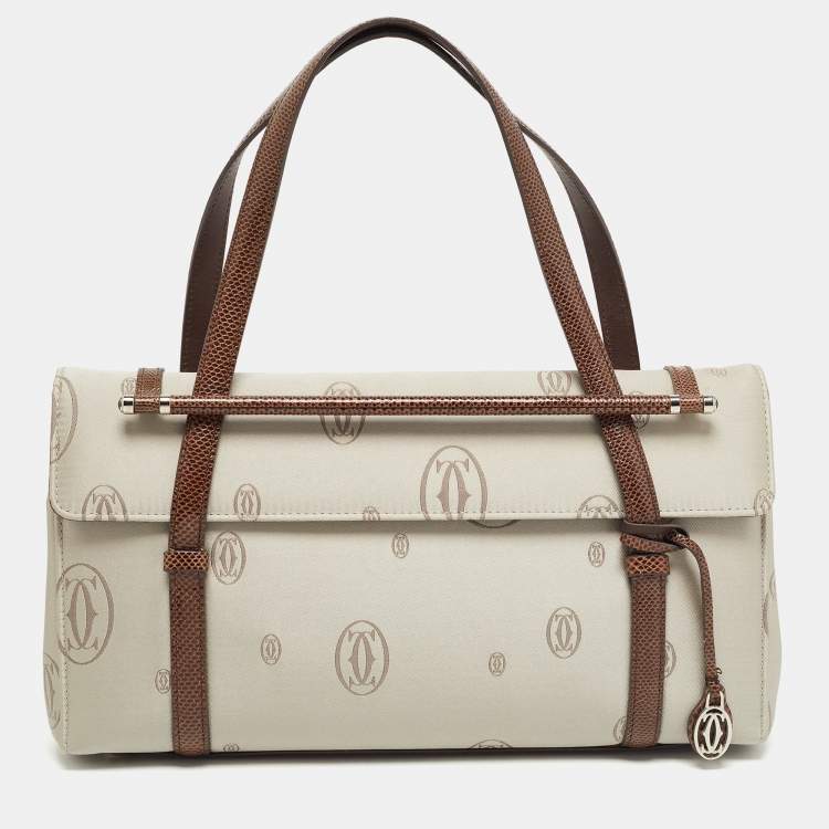 Pre Owned Cartier Brown/Grey Satin and Lizard Happy Birthday Cabochon Flap Bag