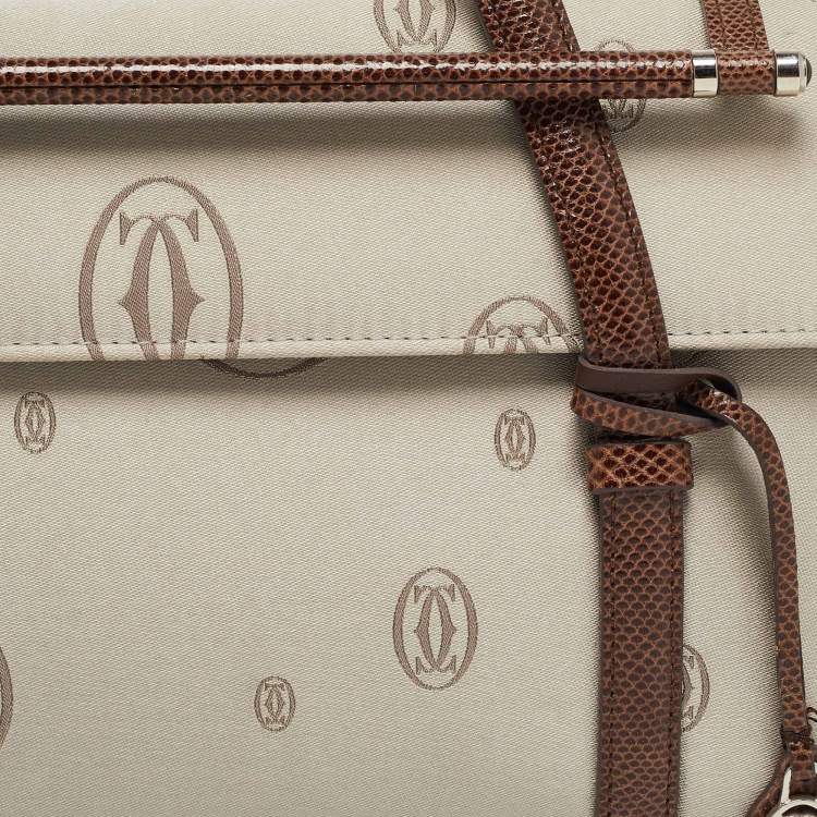 Pre Owned Cartier Brown/Grey Satin and Lizard Happy Birthday Cabochon Flap Bag