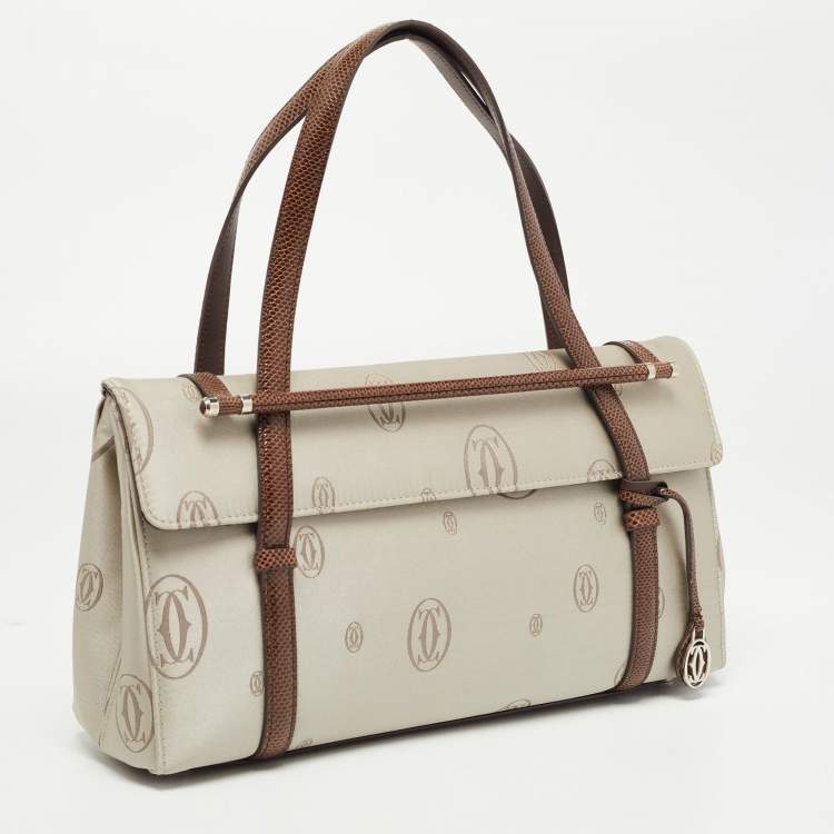 Pre Owned Cartier Brown/Grey Satin and Lizard Happy Birthday Cabochon Flap Bag