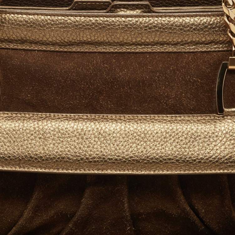 Pre Owned Cartier Gold/Olive Green Suede and Leather Frame Satchel