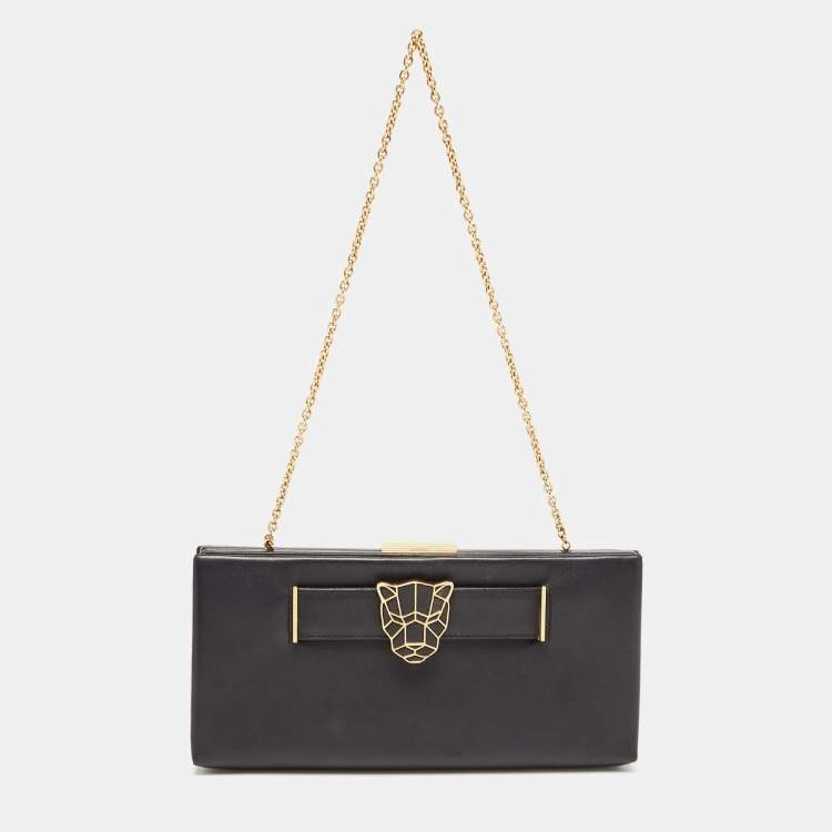 Pre Owned Cartier Black Leather Panthere de Cartier Chain Clutch