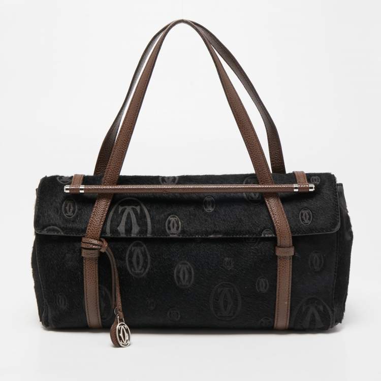 Pre Owned Cartier Black/Brown Calfhair and Leather Happy Birthday Cabochon Flap Bag
