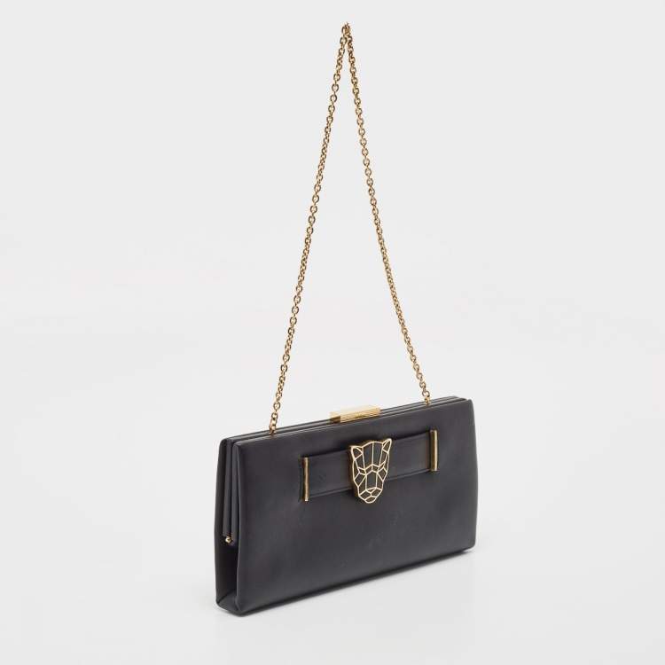 Pre Owned Cartier Black Leather Panthere De Cartier Chain Clutch