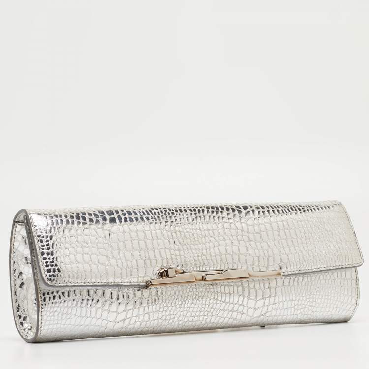 Pre Owned Cartier Silver Croc Embossed Leather Metal Flap Clutch