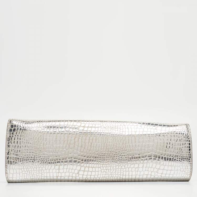 Pre Owned Cartier Silver Croc Embossed Leather Metal Flap Clutch