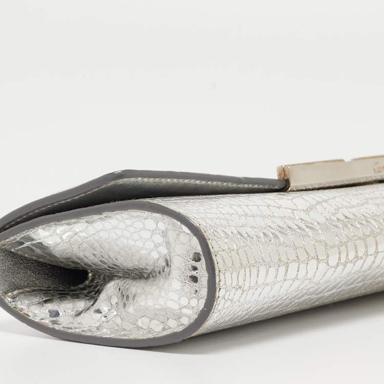 Pre Owned Cartier Silver Croc Embossed Leather Metal Flap Clutch