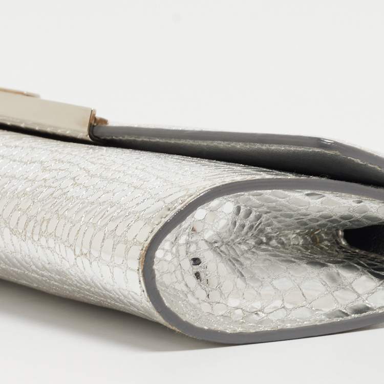 Pre Owned Cartier Silver Croc Embossed Leather Metal Flap Clutch