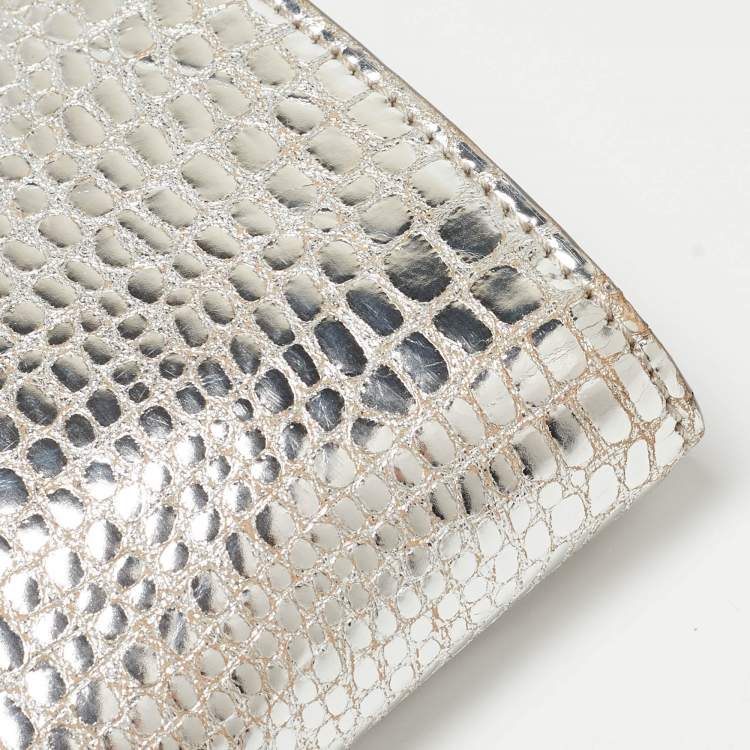 Pre Owned Cartier Silver Croc Embossed Leather Metal Flap Clutch