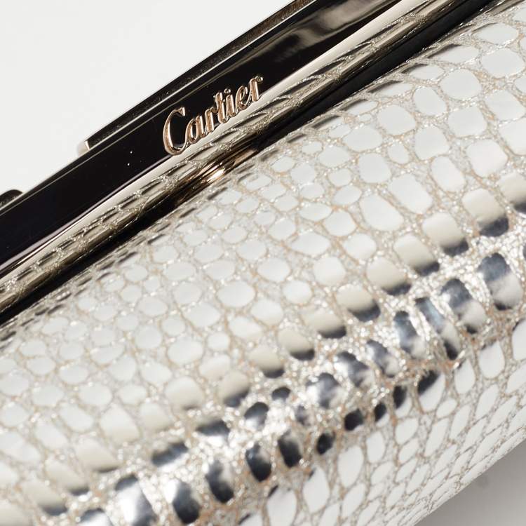 Pre Owned Cartier Silver Croc Embossed Leather Metal Flap Clutch
