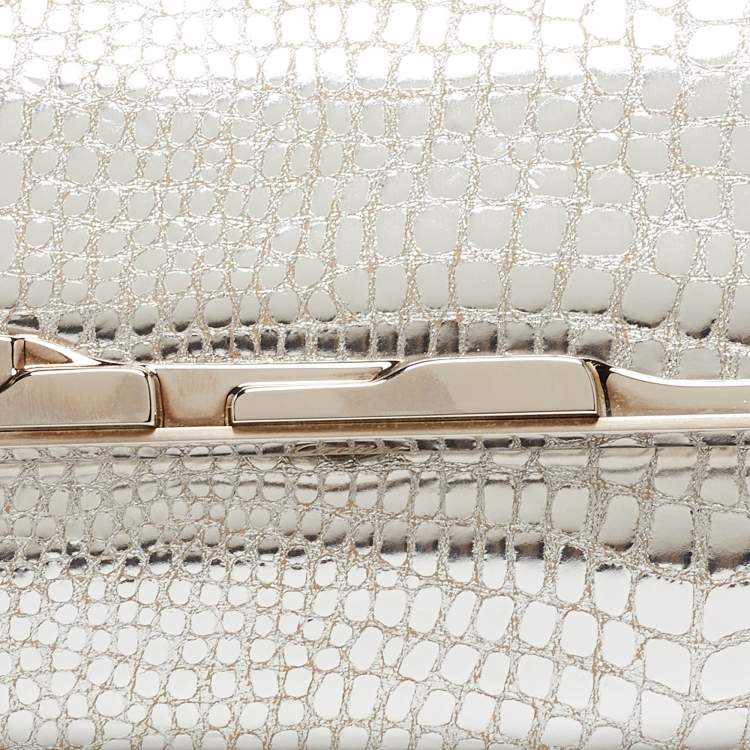 Pre Owned Cartier Silver Croc Embossed Leather Metal Flap Clutch