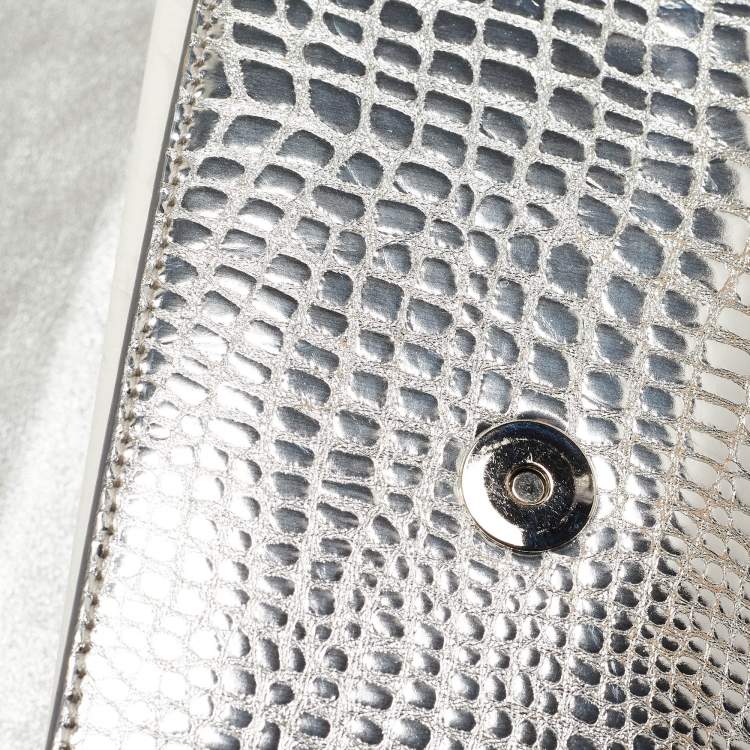 Pre Owned Cartier Silver Croc Embossed Leather Metal Flap Clutch