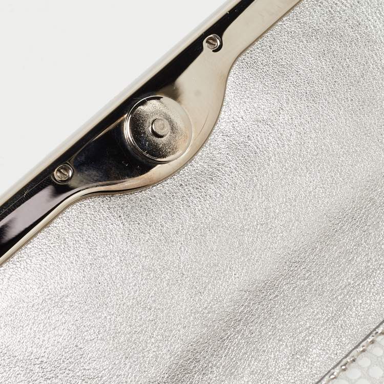 Pre Owned Cartier Silver Croc Embossed Leather Metal Flap Clutch