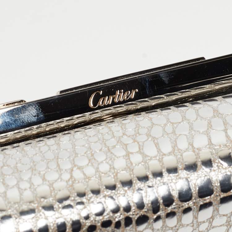 Pre Owned Cartier Silver Croc Embossed Leather Metal Flap Clutch