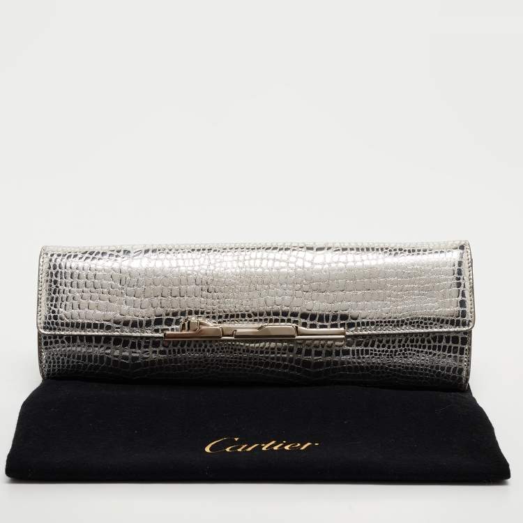 Pre Owned Cartier Silver Croc Embossed Leather Metal Flap Clutch
