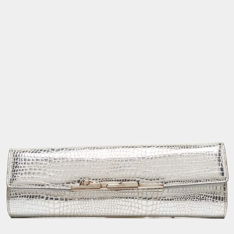 Pre Owned Cartier Silver Croc Embossed Leather Metal Flap Clutch