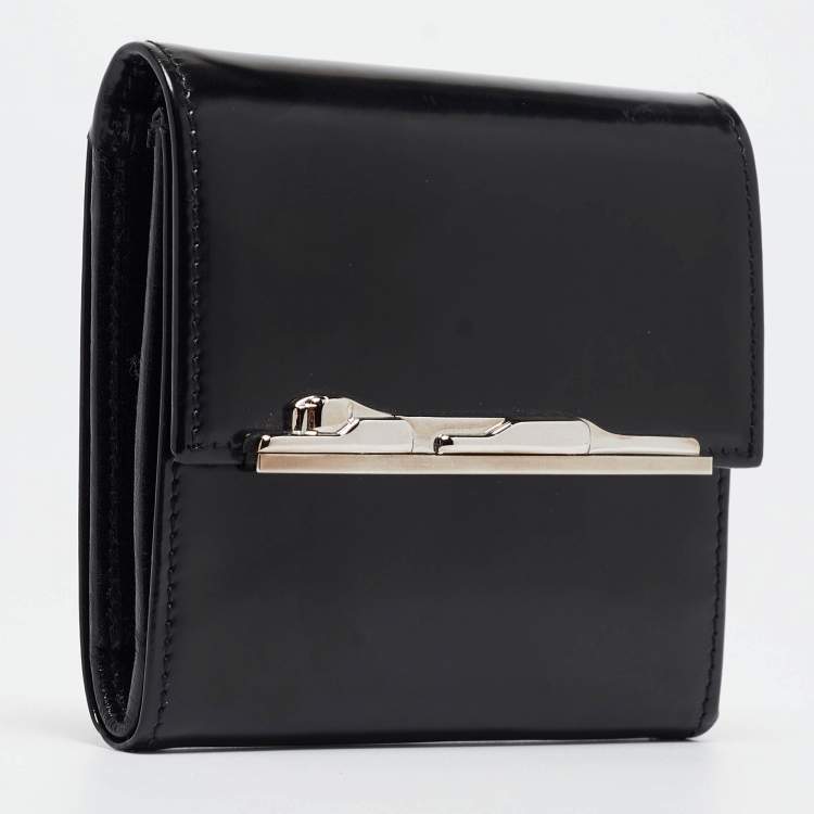 Pre Owned Cartier Black Glossy Leather Panthere Art Deco Trifold Wallet