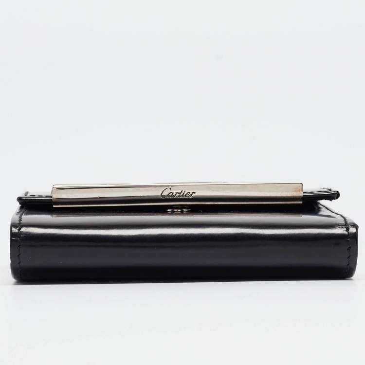 Pre Owned Cartier Black Glossy Leather Panthere Art Deco Trifold Wallet