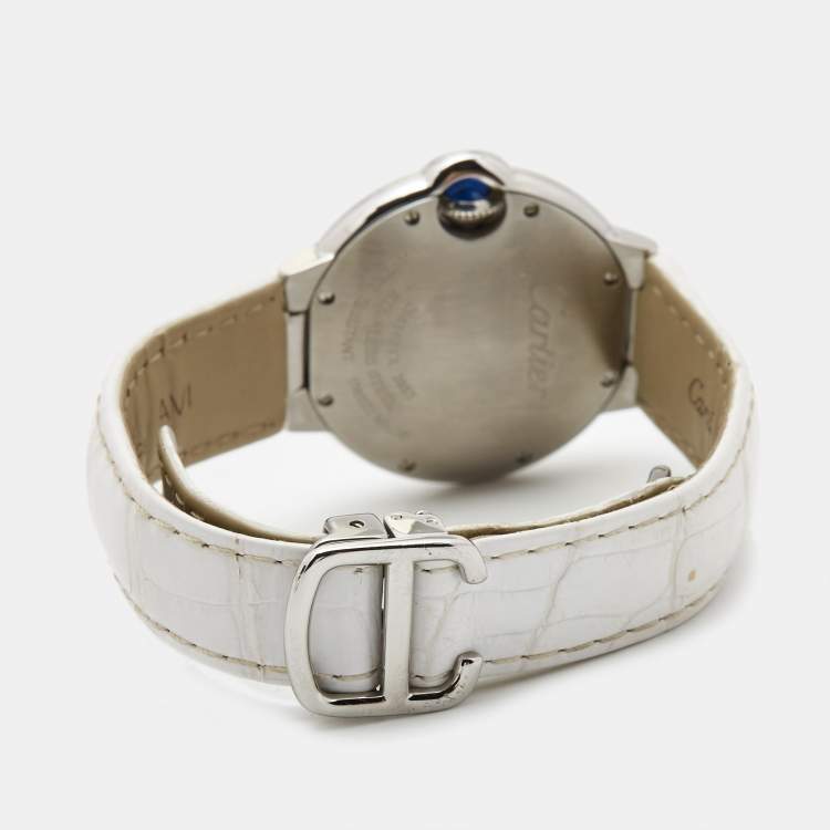 Pre Owned Cartier Silver Stainless Steel Alligator Leather Ballon Bleu W6920086 Women's Wristwatch 33 mm