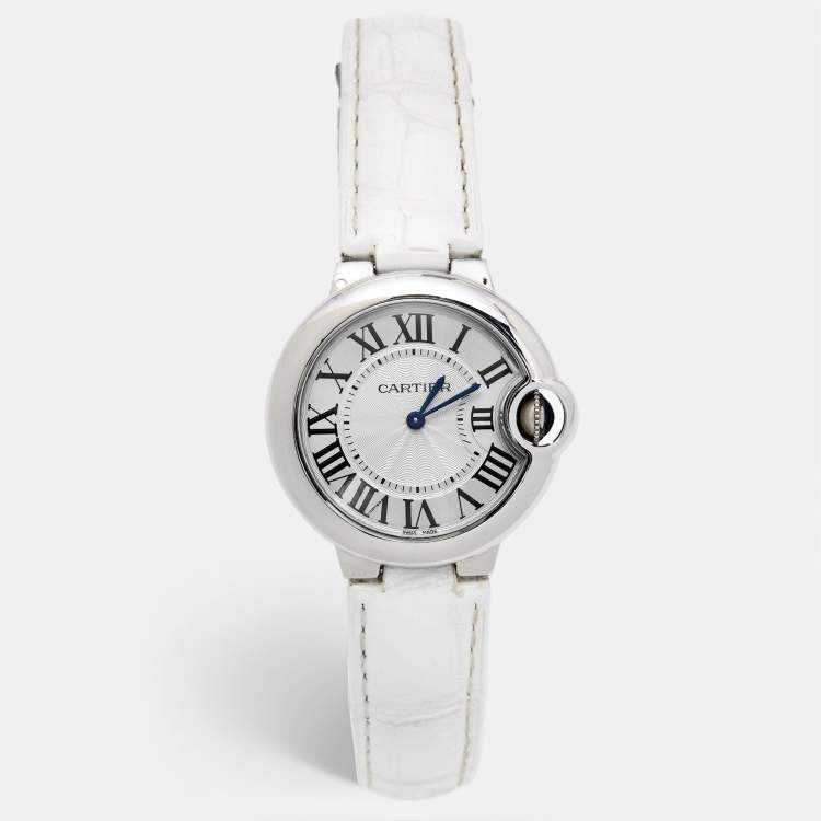 Pre Owned Cartier Silver Stainless Steel Alligator Leather Ballon Bleu W6920086 Women's Wristwatch 33 mm
