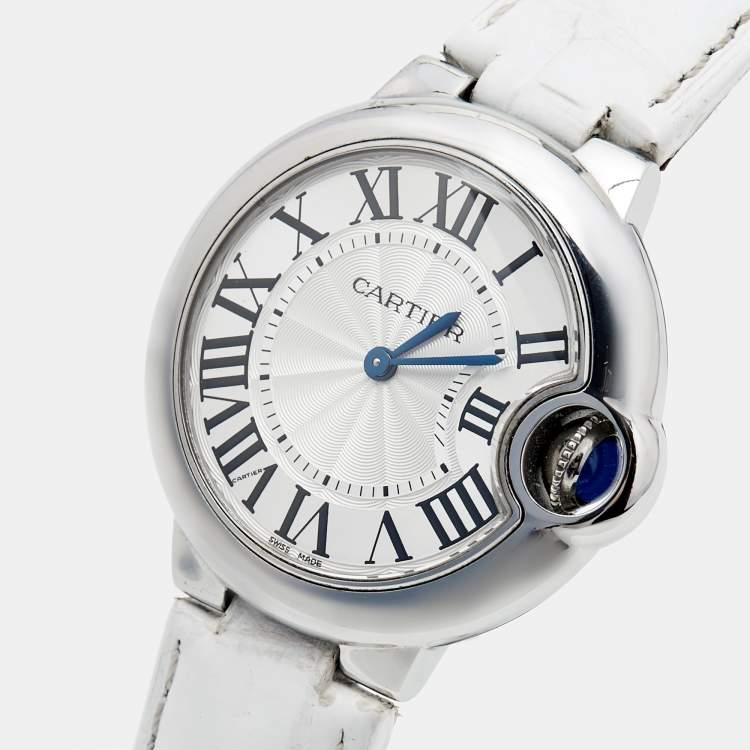 Pre Owned Cartier Silver Stainless Steel Alligator Leather Ballon Bleu W6920086 Women's Wristwatch 33 mm
