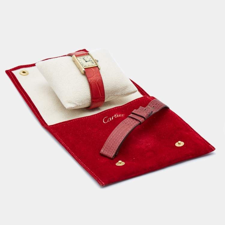 Pre Owned Cartier Vintage Cream Gold Plated Silver Leather Must de Cartier Tank Women's Wristwatch 20 mm
