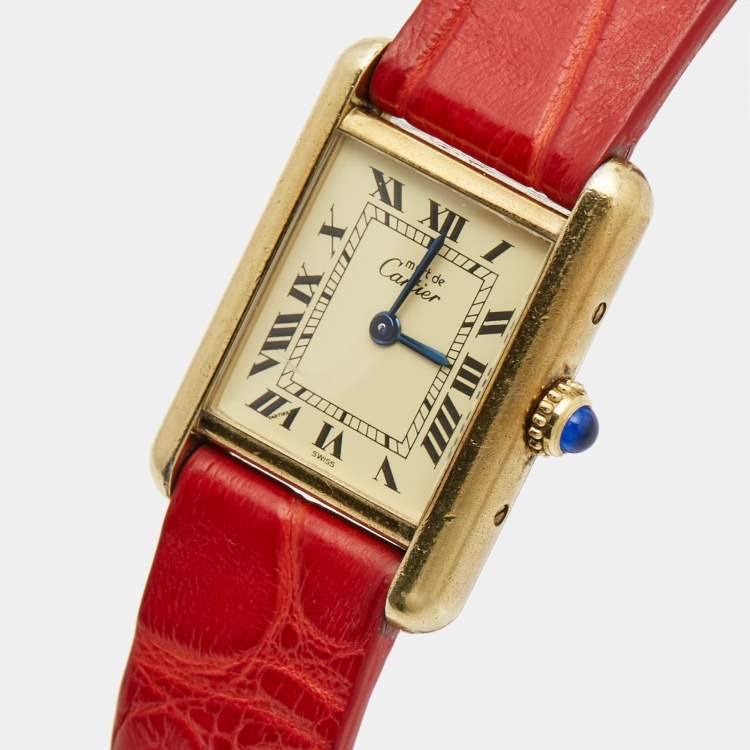 Pre Owned Cartier Vintage Cream Gold Plated Silver Leather Must de Cartier Tank Women's Wristwatch 20 mm