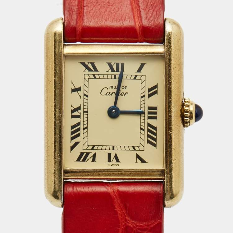 Pre Owned Cartier Vintage Cream Gold Plated Silver Leather Must de Cartier Tank Women's Wristwatch 20 mm