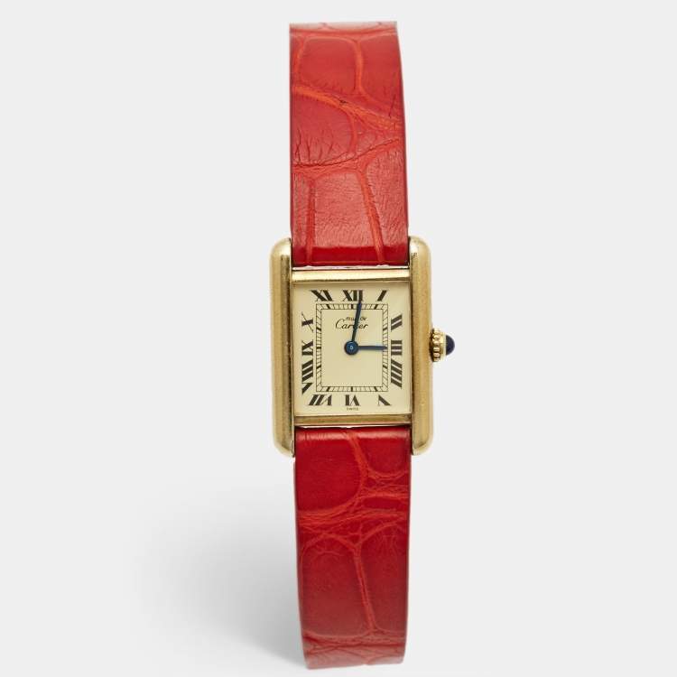 Pre Owned Cartier Vintage Cream Gold Plated Silver Leather Must de Cartier Tank Women's Wristwatch 20 mm