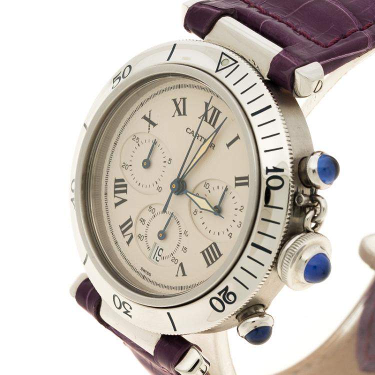 Pre Owned Cartier White Stainless Steel Pasha De Cartier 1050 Women's Wristwatch with Alligator Strap 38 mm