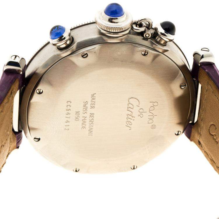 Pre Owned Cartier White Stainless Steel Pasha De Cartier 1050 Women's Wristwatch with Alligator Strap 38 mm