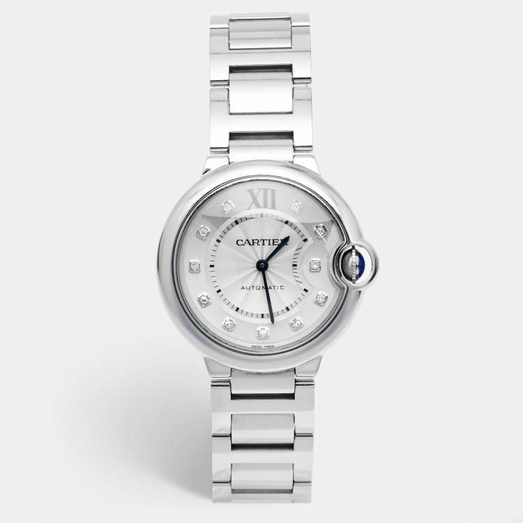 Pre Owned Cartier Silver Diamond Stainless Steel Ballon Bleu WE902075 Women's Wristwatch 36 mm