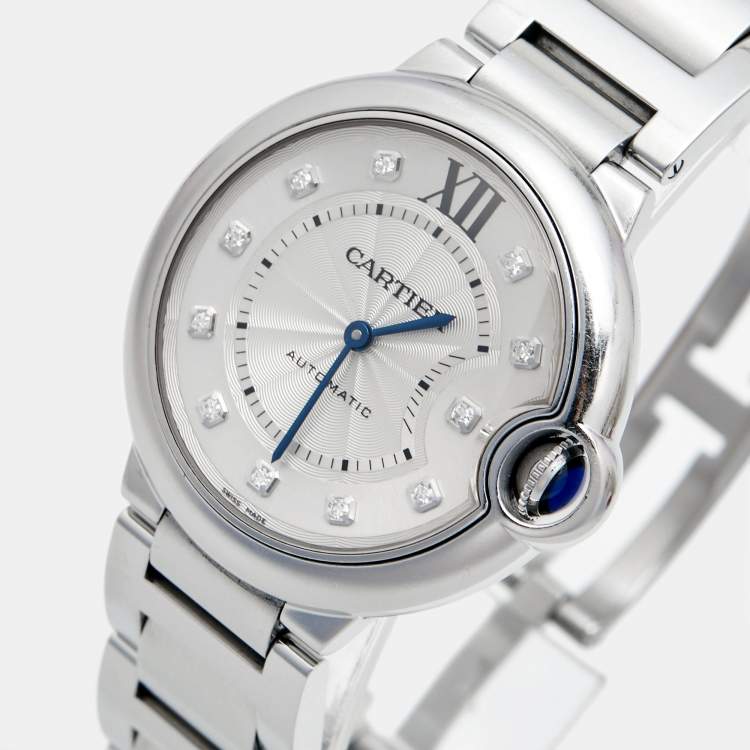 Pre Owned Cartier Silver Diamond Stainless Steel Ballon Bleu WE902075 Women's Wristwatch 36 mm