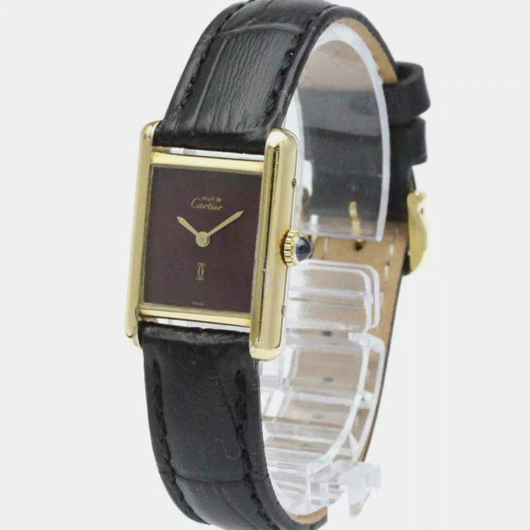 Pre Owned Cartier Tank Vermeil Gold Plated Leater Hand-Winding Ladies Watch 20 mm