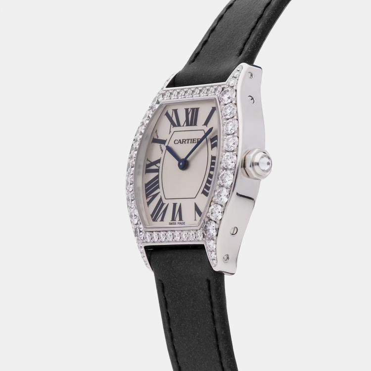 Pre Owned Cartier Silver 18k White Gold Tortue WA507231 Manual Winding Women's Wristwatch 28 mm