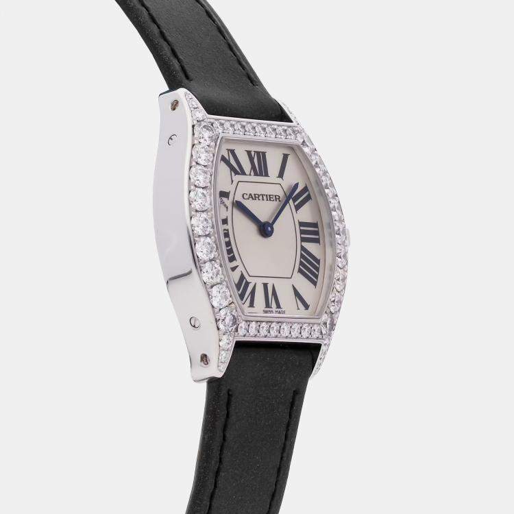 Pre Owned Cartier Silver 18k White Gold Tortue WA507231 Manual Winding Women's Wristwatch 28 mm