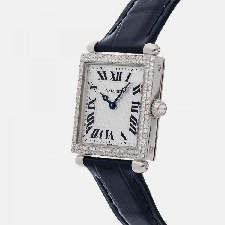 Pre Owned Cartier Silver 18k White Gold Tank Obus WB800451 Quartz Women's Wristwatch 24 mm