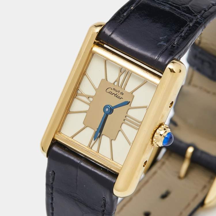 مملوكة مسبقًا Cartier Yellow Gold Plated Vermeil Alligator Leather Must De Cartier Tank 1316 Women's Wristwatch 20.50 mm