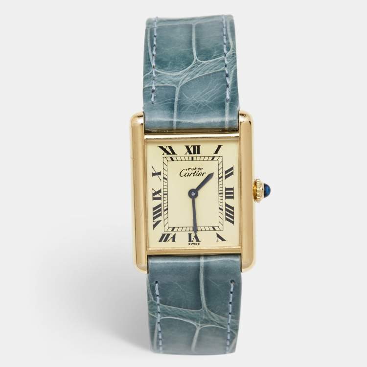 Pre Owned Cartier Yellow Vermeil Alligator Leather Must De Cartier Tank 60029 Women's Wristwatch 24 mm