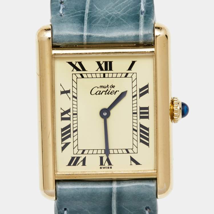 Pre Owned Cartier Yellow Vermeil Alligator Leather Must De Cartier Tank 60029 Women's Wristwatch 24 mm