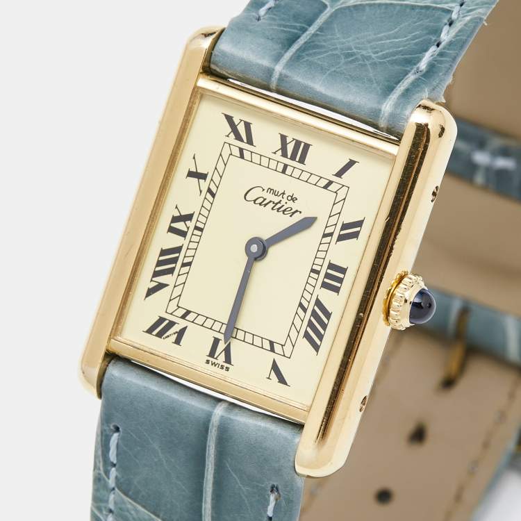 Pre Owned Cartier Yellow Vermeil Alligator Leather Must De Cartier Tank 60029 Women's Wristwatch 24 mm