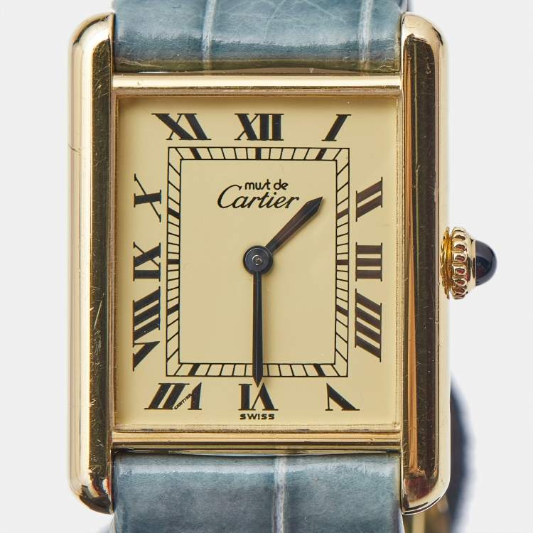 Pre Owned Cartier Yellow Vermeil Alligator Leather Must De Cartier Tank 60029 Women's Wristwatch 24 mm