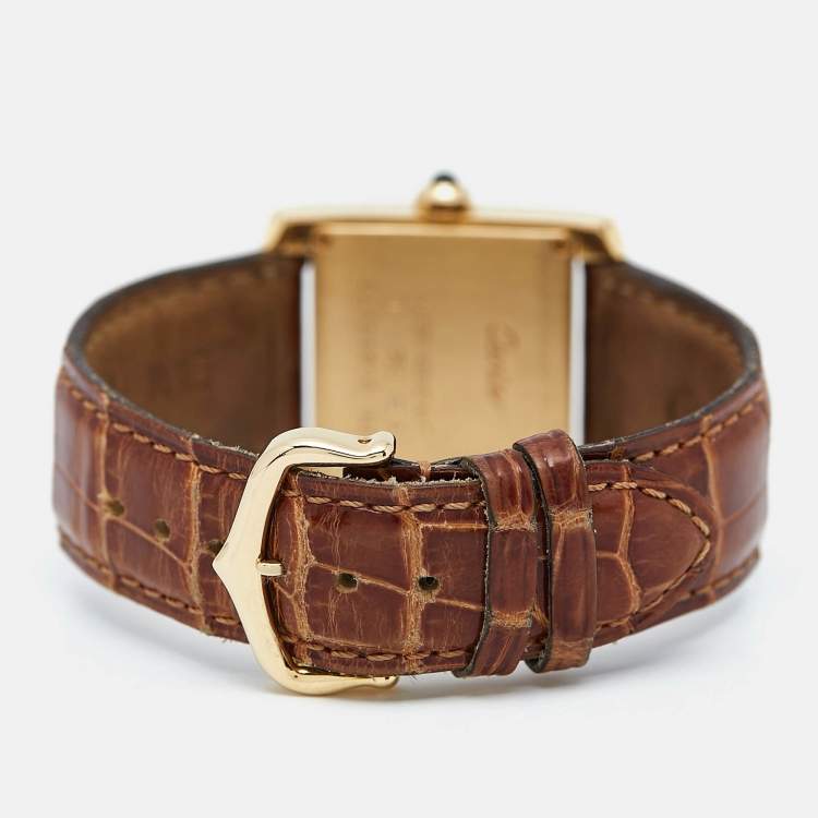 Pre Owned Cartier Cream 18K Yellow Gold Alligator Leather Tank Francaise W5001456 Women's Wristwtatch 25 mm